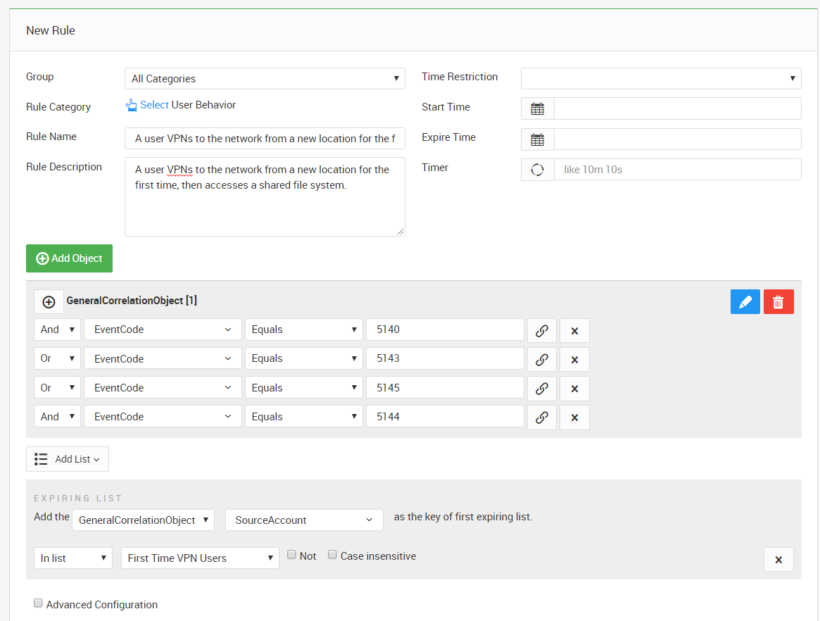 LOGTITAN Rule Model For A User VPNs To the Network from A New Location for The First Time Then Accesses A Shared File System